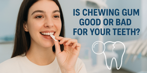 Smiling woman holding a piece of sugar-free chewing gum in a dental clinic, representing oral health awareness