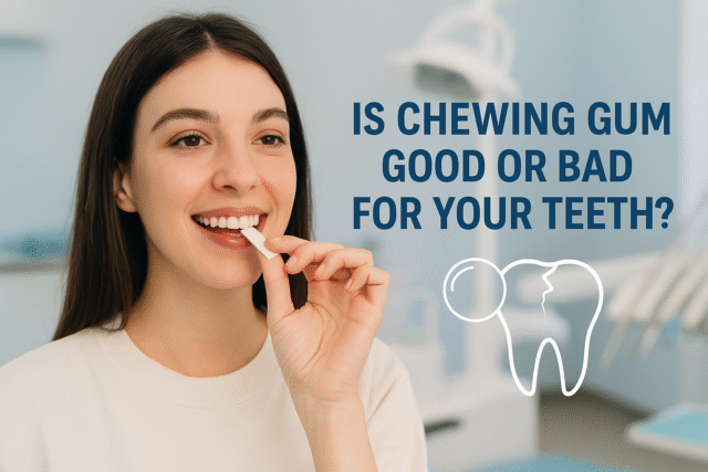 Smiling woman holding a piece of sugar-free chewing gum in a dental clinic, representing oral health awareness