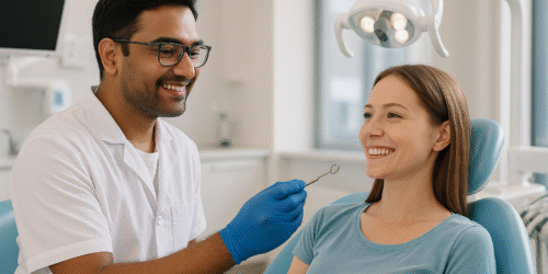 Indian dentist at Sanjay Kalra Dental Clinic Panchkula treating an international patient with modern dental equipment and advanced technology
