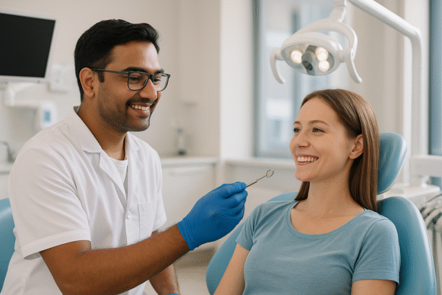 Indian dentist at Sanjay Kalra Dental Clinic Panchkula treating an international patient with modern dental equipment and advanced technology