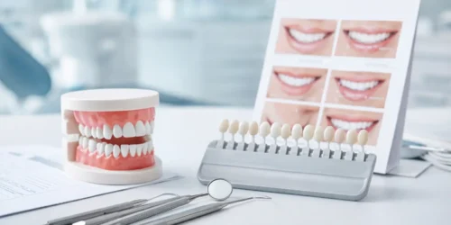 Cosmetic dentistry consultation setup showing tooth model and dental tools