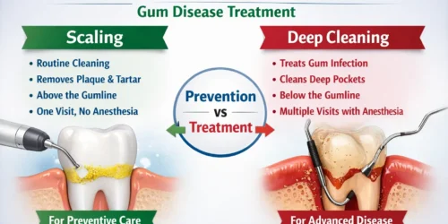 Scaling vs deep cleaning comparison infographic showing preventive dental scaling and deep cleaning treatment for gum disease